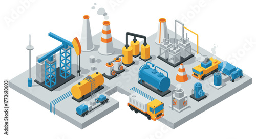 Isometric industrial landscape with factories and machinery in 3d style