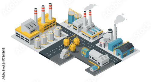 Modern isometric industrial complex with factories and warehouses