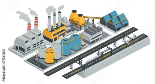 Isometric industrial complex design with factories and warehouse elements