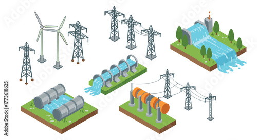 Renewable energy sources and infrastructure in modern isometric design
