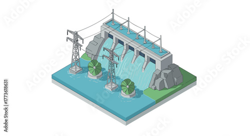 Isometric hydroelectric power station with flowing water and turbines