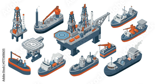 Isometric oil rig and ships set with detailed industrial equipment