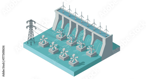 Hydroelectric power station with wind turbines in isometric design