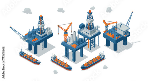 Offshore oil rig infrastructure in isometric design with cargo ships