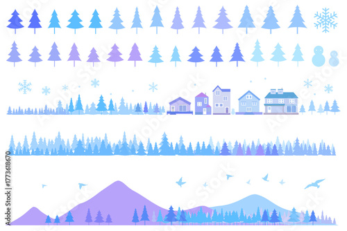 雪の降る街並みのシルエットのイラストセット　背景イラスト