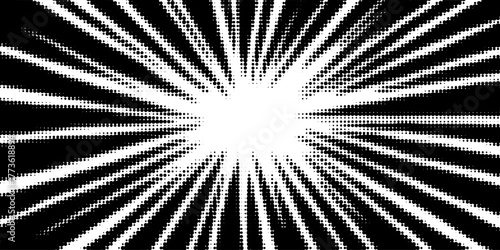 Speed effect background with black and white comic radial halftone rays. Vector Speed effect in comic design for manga covers, posters, stickers, and digital art.