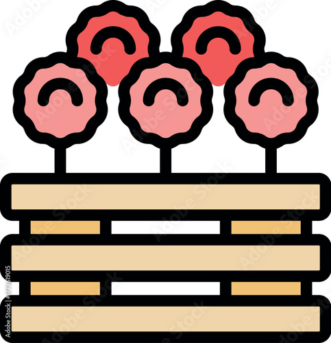 Five pink candyfloss on sticks are neatly arranged on a wooden pallet stand, evoking a sweet summer treat