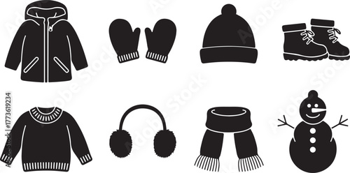 Collection of Silhouette Icons Representing Winter Clothing and a Snowman for Seasonal Design Elements