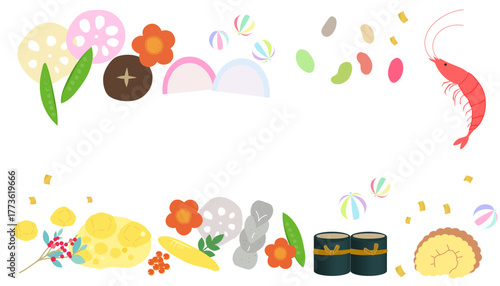 おせち料理のフレームイラスト　年賀状イラスト素材　和食