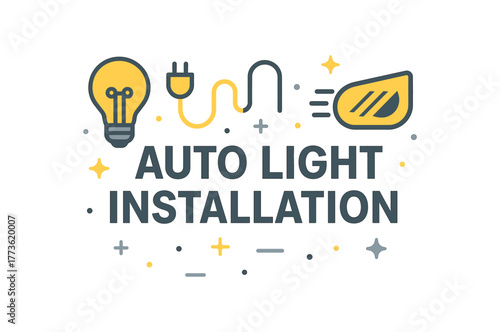 Flat vector banner design text AUTO LIGHT INSTALLATION supporting icons of bulb wire and headlight silver and palette isolated on white marketing approved bright palette with balanced