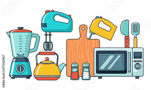 Colorful Kitchen Appliances and Cooking Utensils Flat Line Art Vector
