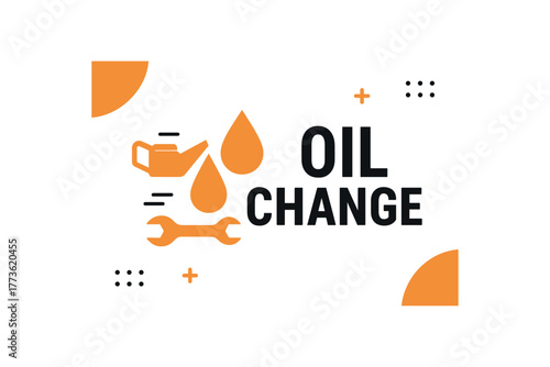 Flat vector banner design text OIL CHANGE supporting icons of oil can drop and wrench orange and black palette isolated on white marketing approved bright palette with balanced saturation