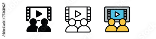 watching movie online together icon on white background Black silhouette flat icon outline icon and colored icon style. 1x3 grid. three minimal vector icon style. centered composition clear