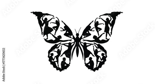 Graceful dancers form the wings of a beautiful butterfly, symbolizing freedom and movement.