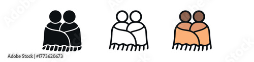 cozy blanket shared icon on white background Black silhouette flat icon outline icon and colored icon style. 1x3 grid. three minimal vector icon style. centered composition clear white