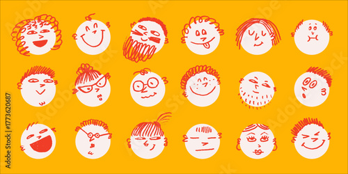 Crayon doodle face set with playful emoji expressions on orange background. H...