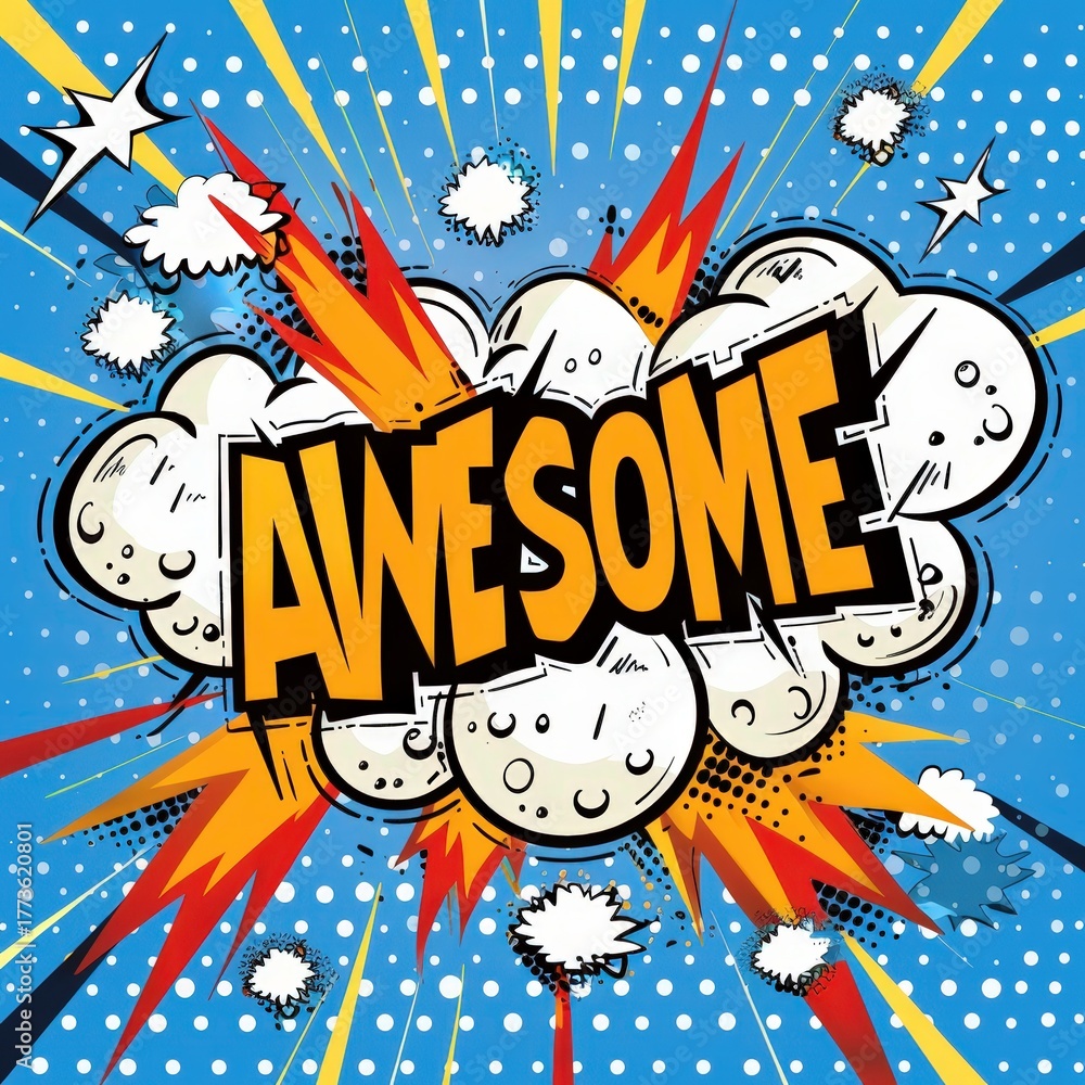 Obraz premium Comic Pop Art Awesome Text in Colorful Explosion Design in Retro Style Illustration.