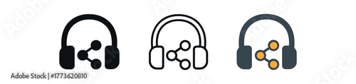 shared playlist headphones icon on white background Black silhouette flat icon outline icon and colored icon style. 1x3 grid. three minimal vector icon style. centered composition clear