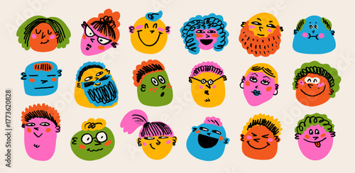 Colorful face doodle emoji in crayon style with playful smile and cartoon hand-drawn texture. Face icons and emoji doodle with crayon sketch effect. Perfect for stickers, posters, children projects.