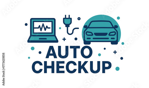 Flat vector banner design text AUTO CHECKUP supporting icons of diagnostic computer plug and symbol navy and teal palette isolated on white marketing approved bright palette with balanced