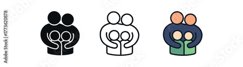 family hug group icon on white background Black silhouette flat icon outline icon and colored icon style. 1x3 grid. three minimal vector icon style. centered composition clear white space