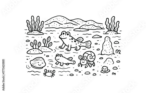 hand drawn cute doodle style tidal flat zone vector line illustration line isolated on white background