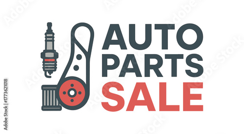 Flat vector banner design text AUTO PARTS SALE supporting icons of spark plug belt and filter gray and red palette isolated on white marketing approved bright palette with balanced