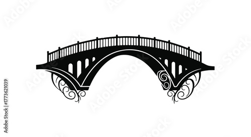 Elegant black silhouette of a decorative arched bridge against a white background.