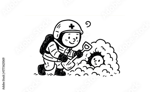 hand drawn cute doodle style snow rescuer vector line illustration line isolated on white background