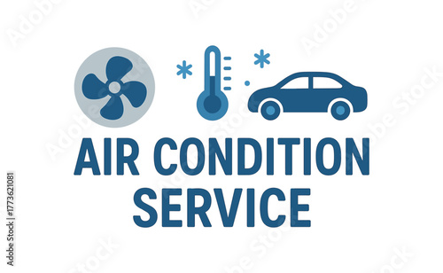 Flat vector banner design text AIR CONDITION SERVICE supporting icons of fan thermometer and outline blue and light gray palette isolated on white marketing approved bright palette with