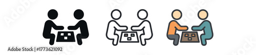 playing board games together icon on white background Black silhouette flat icon outline icon and colored icon style. 1x3 grid. three minimal vector icon style. centered composition clear