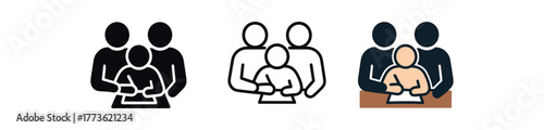 parents helping with homework icon on white background Black silhouette flat icon outline icon and colored icon style. 1x3 grid. three minimal vector icon style. centered composition clear