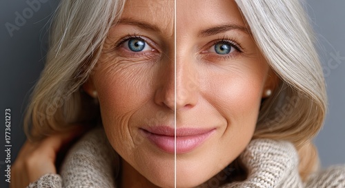 a split-screen photo of an elegant woman in her late thirties, showing the effects on skin quality and wrinkles between age group from mid-30s to older aged with loose