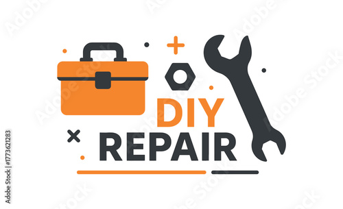 Flat vector banner design text DIY REPAIR supporting icons of toolbox nut and wrench orange and dark gray palette isolated on white marketing approved bright palette with balanced