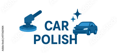 Flat vector banner design text POLISH supporting icons of buffer sparkle and symbol blue and white palette isolated on white marketing approved bright palette with balanced saturation clean