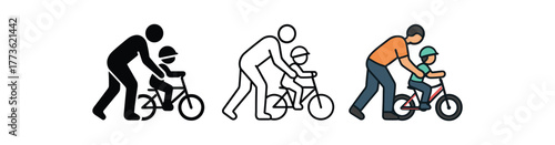 parents teaching child to ride bike icon on white background Black silhouette flat icon outline icon and colored icon style. 1x3 grid. three minimal vector icon style. centered composition