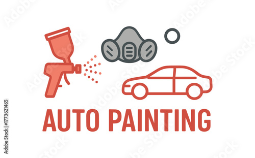 Flat vector banner design text AUTO PAINTING supporting icons of spray gun mask and outline red and gray palette isolated on white marketing approved bright palette with balanced saturation