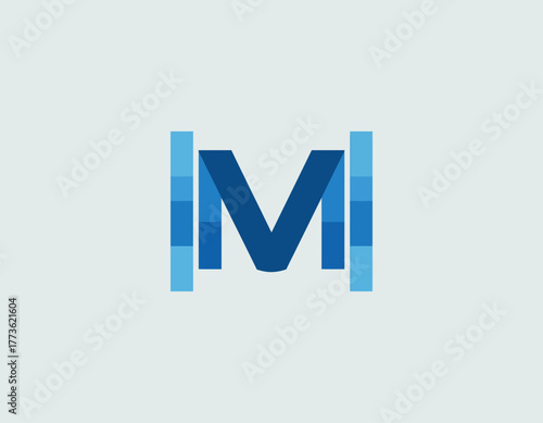 A prominent 'M' designed with various shades of blue, imbued with a stylish balance between minimalism and sophistication for a striking visual identity.