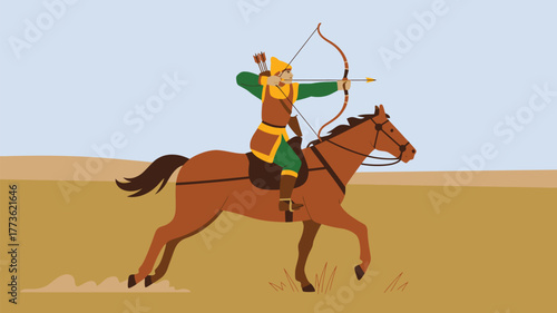 A cartoon of a horse rider with a bow and arrow riding through a desert landscape at a fast pace
