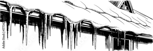 a house roof covered with snow and long icicles hanging from the eaves, representing cold winter weather.
