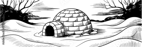 a traditional igloo made of ice blocks standing in a snowy field surrounded by bare winter trees.