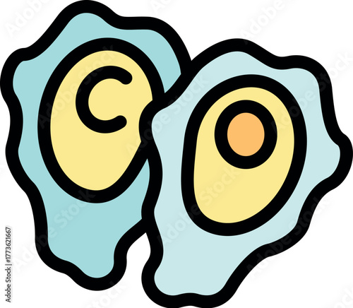 Two oysters showing their meat, perfect for seafood restaurant menus, fish market or fishing industry promotion