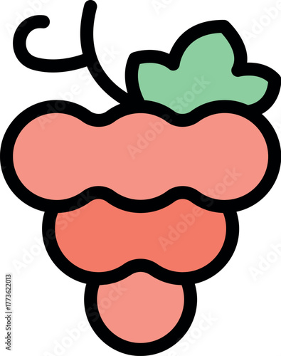 Stylized bunch of grapes showing plump, juicy berries and fresh green leaves, representing viticulture, winemaking, and healthy eating