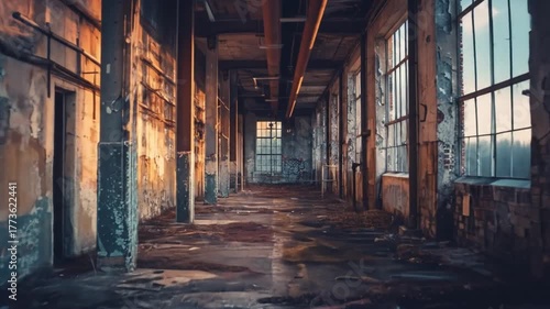 Wallpaper Mural Long abandoned industrial hallway with peeling paint and broken windows, evoking decay and forgotten history in a derelict factory. Torontodigital.ca
