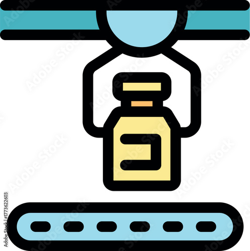 Modern pharmaceutical factory using robotic arm for handling medicine bottles on assembly line, ensuring efficient and sterile production