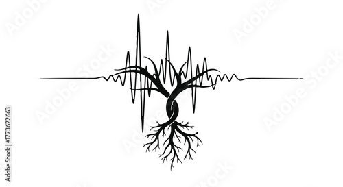 Life's rhythm represented by a tree intertwined with a heart monitor line.
