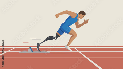 Illustration of a male athlete with prosthetic leg sprinting from starting block on a track field
