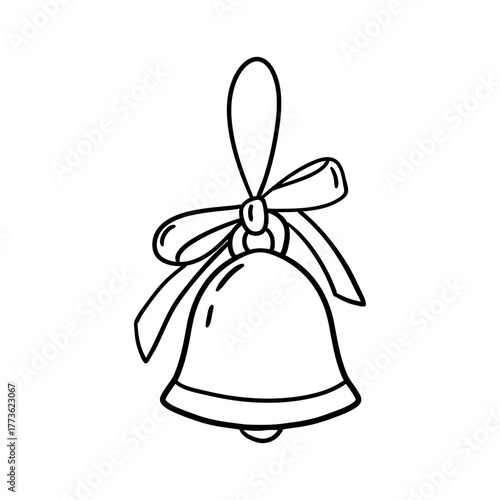 Christmas bell tied with a decorative ribbon. Hand drawn illustration in line style.