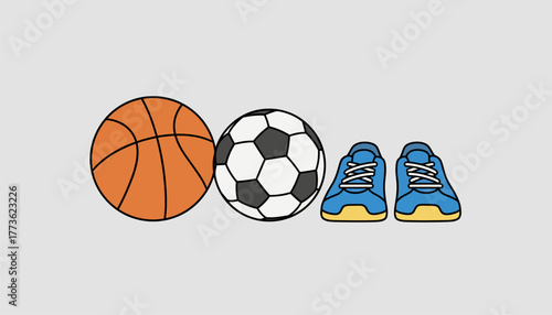 A collection of sports equipment including a basketball and soccer ball beside a pair of athletic shoes ready for gym class.