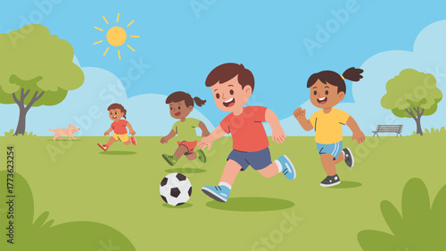 Children playing soccer in a park on a sunny day with trees and a dog in the background cartoon style